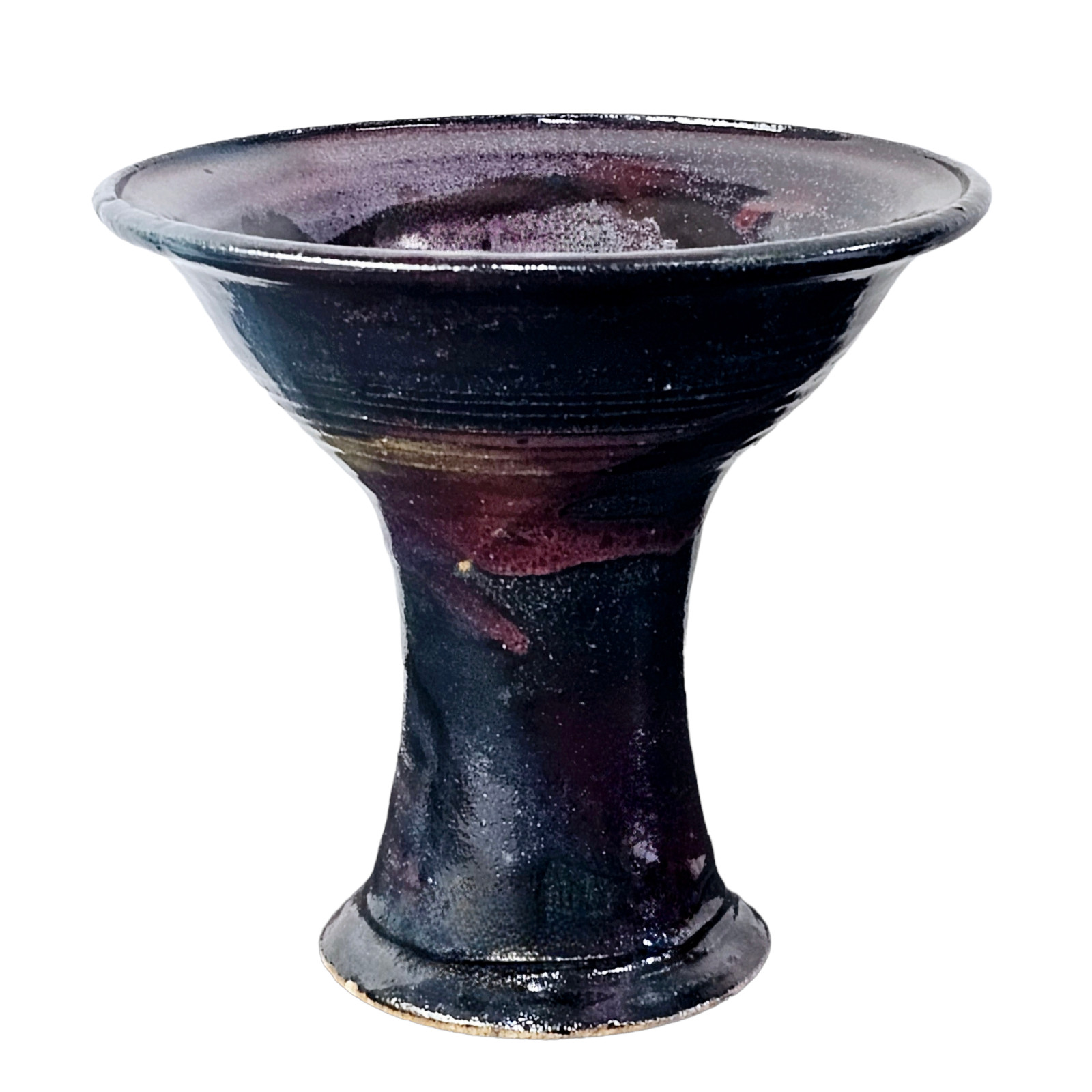 VTG Studio Art Pottery Pedestal Bowl Drip Glaze Violet Blue Beige Signed 9.5″