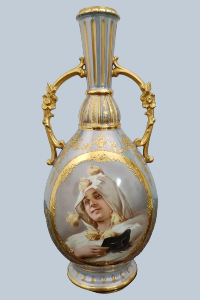 Royal Vienna 11 ¾” H.P. “Woman with Opera Mask” Two-Handled Vase- “Wagner”