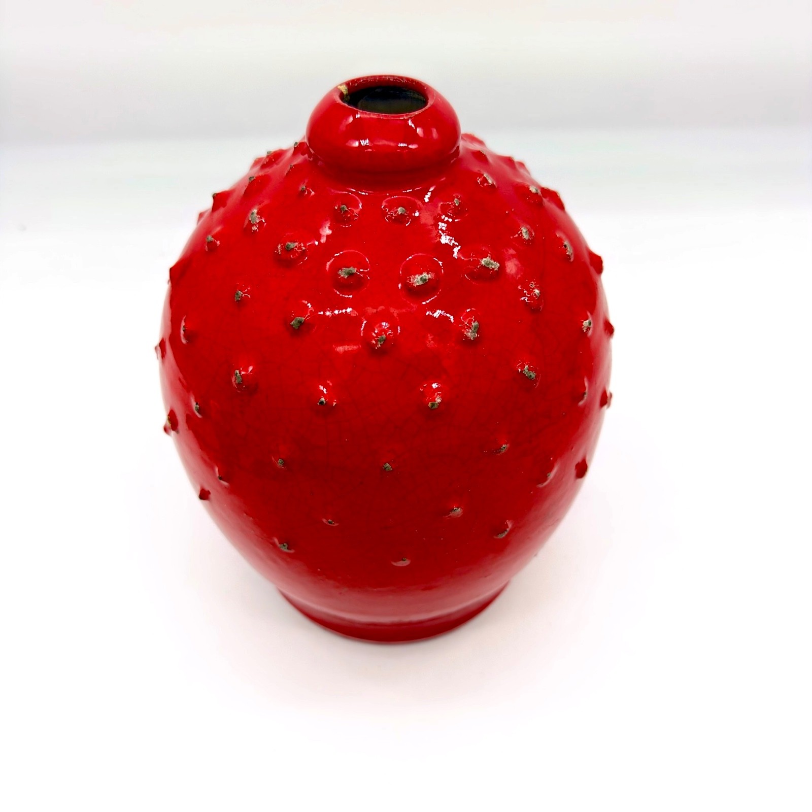 Signed 2003 Modern Art Pottery Red Glaze Vessel Textured Urn Abstract Sculpture