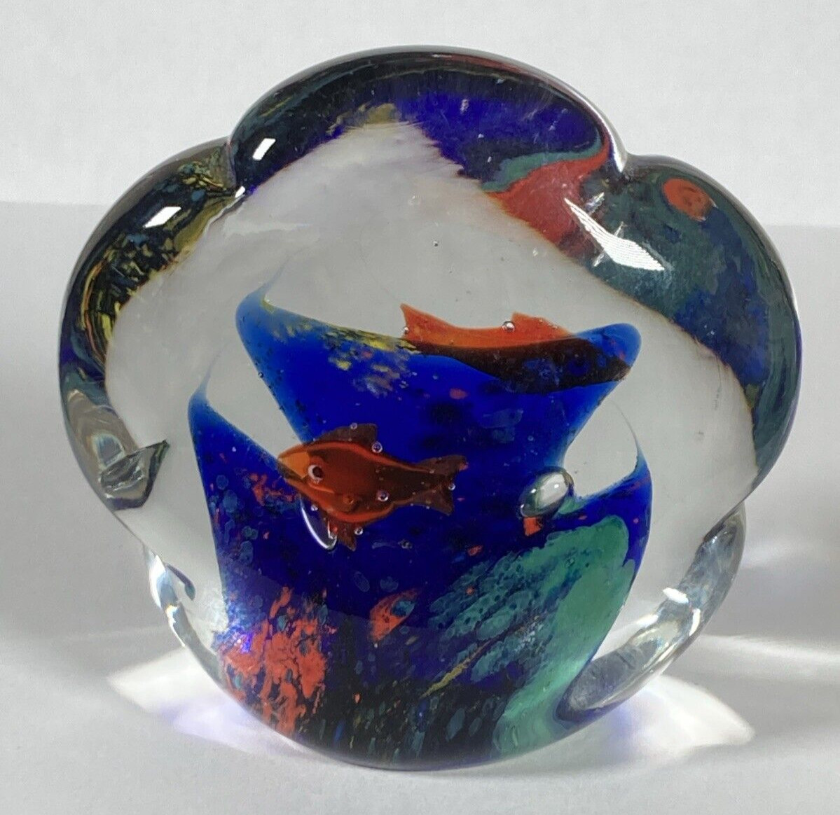 Art Glass Aquarium Paperweight Goldfish in Shell Shaped 3in t x 3.25in w