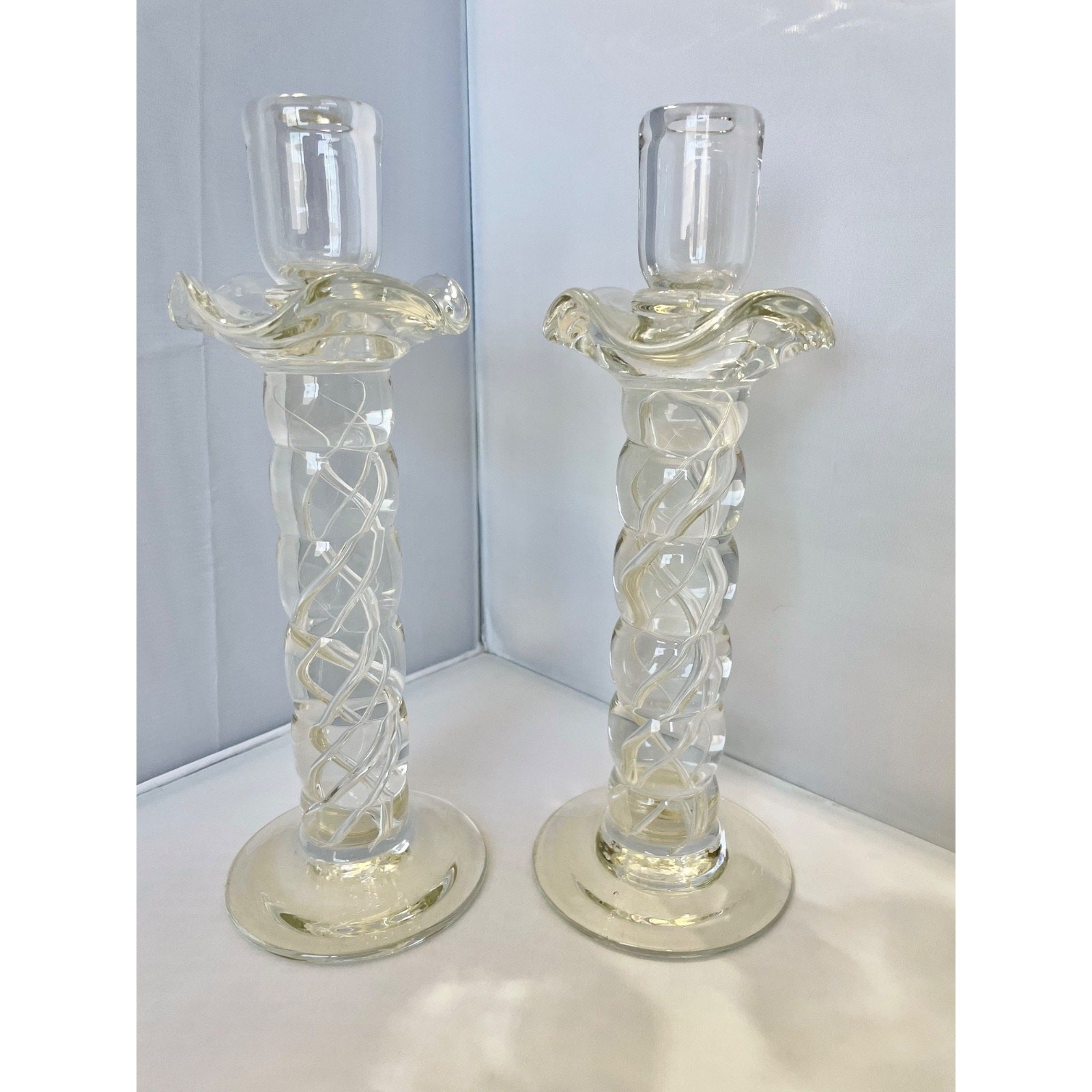Murano Clear Crystal Glass Air Twist Stem Candlestick Holders