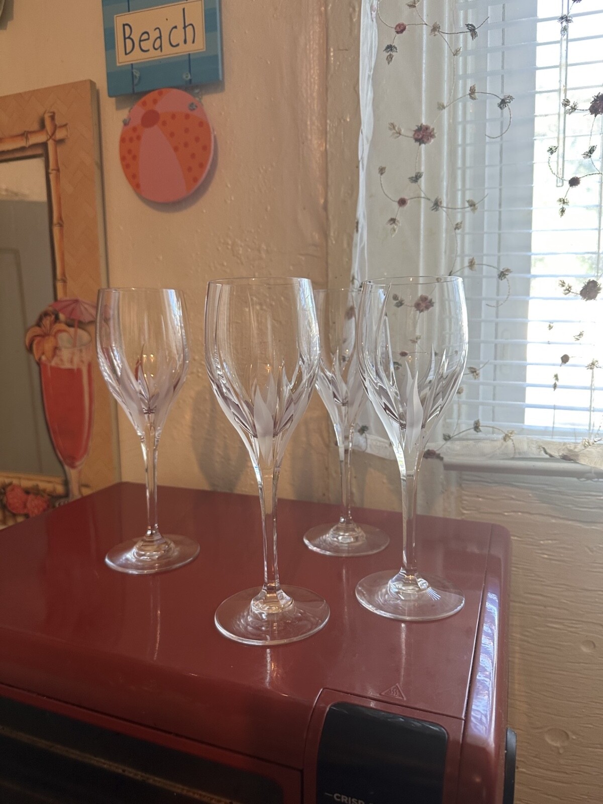 4 Mikasa Flame D’Amore water goblets. 9″ Great condition.