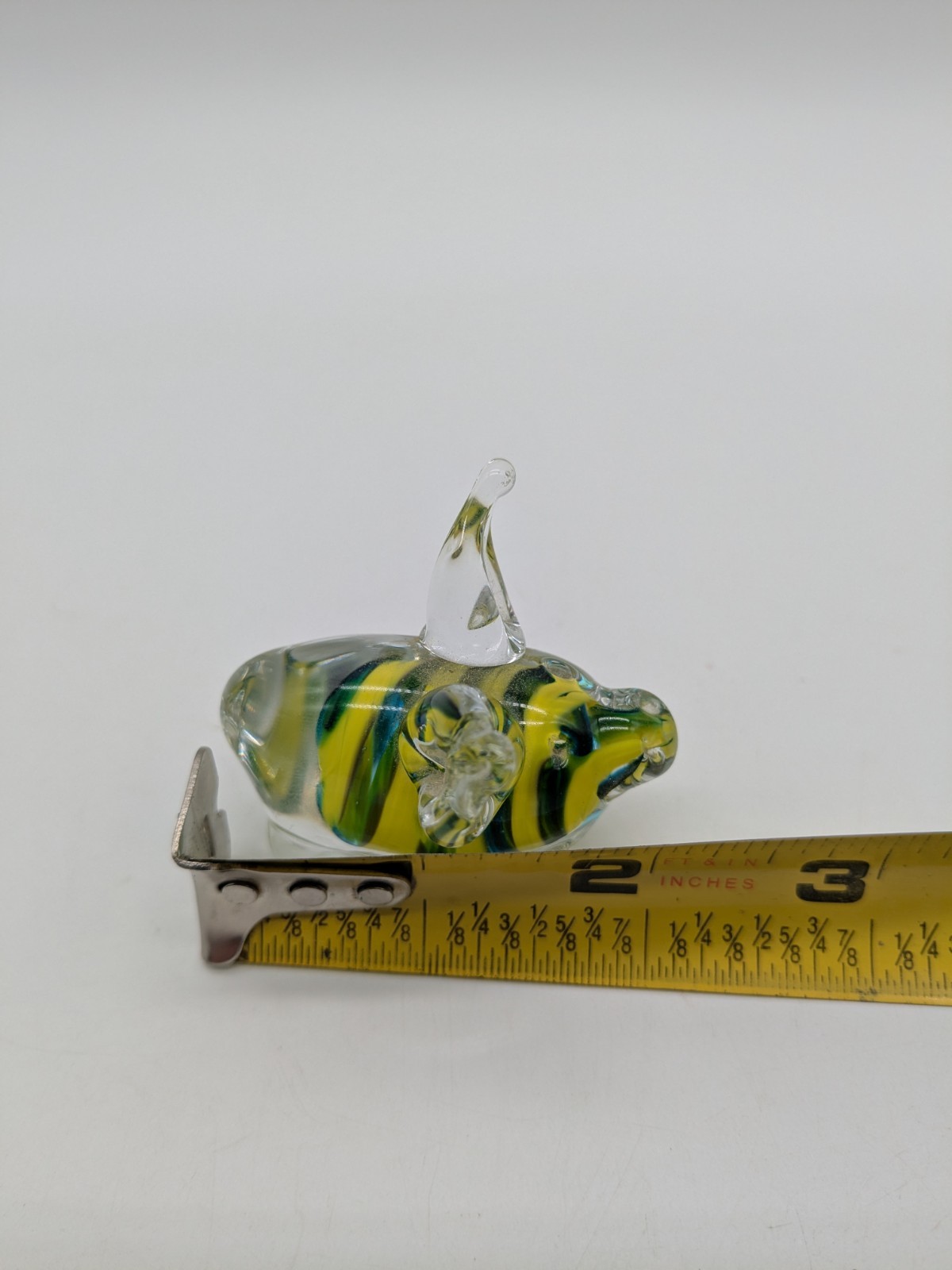 Handblown Glass Pig Figurine Green & Yellow Swirl Small 2″ Marked