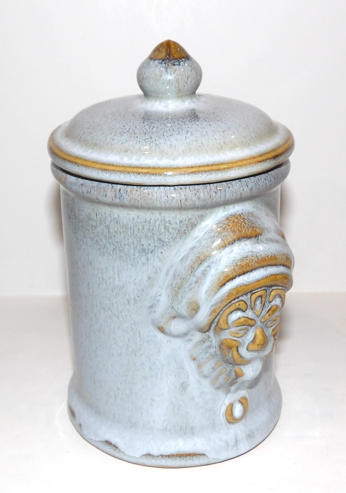 LOVELY VINTAGE RARE BOMBAY COMPANY GLAZED POTTERY TWO FACED 6 1/4″ CANISTER JAR