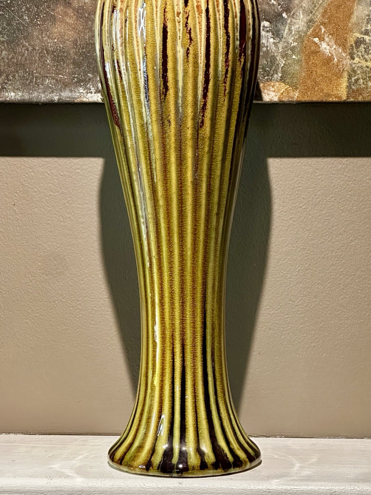 VTG MCM Studio Art Pottery Drip Glaze Fluted Vase 17.5″ Green/Rust