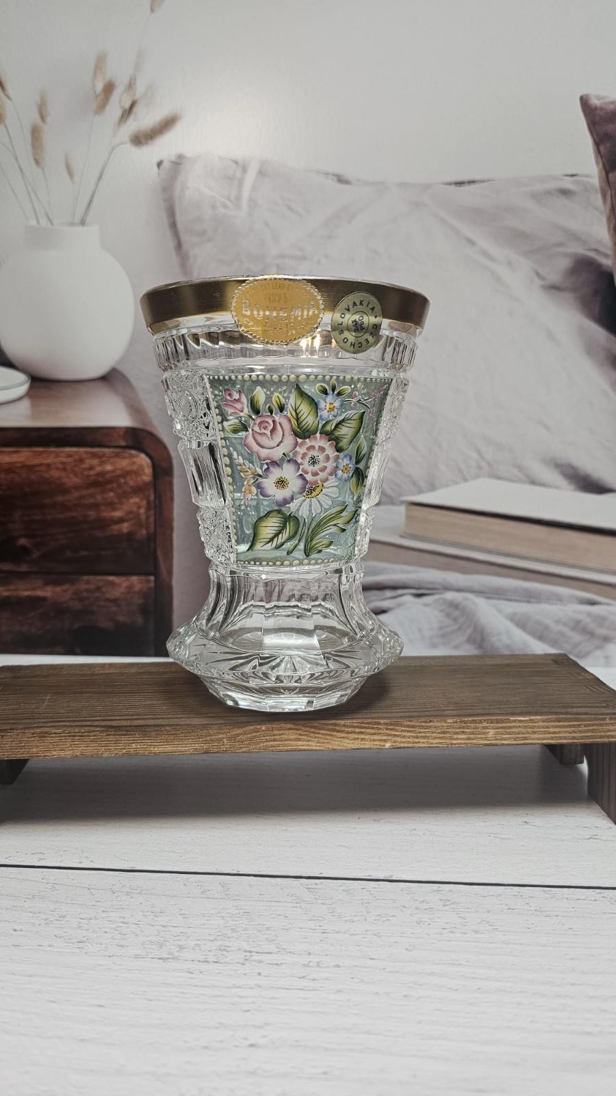 Bohemian Cut Crystal Glass Flowers Gilded Rim Vase 1930’s