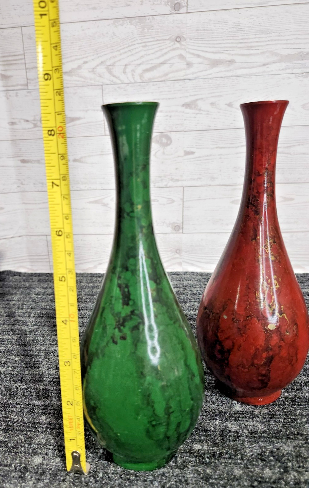Vintage MCM Japanese Enamel Bud Vases Pair Red Green Gold Brass Cloisonne Style