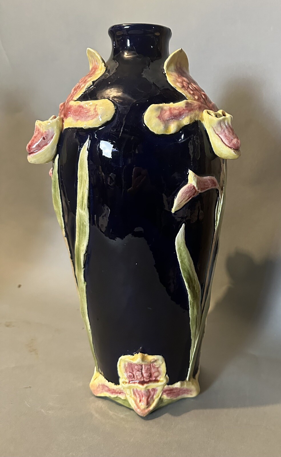 Antique Continental Majolica Floral Art Nouveau Cobalt Blue 13.5″ Pottery Vase