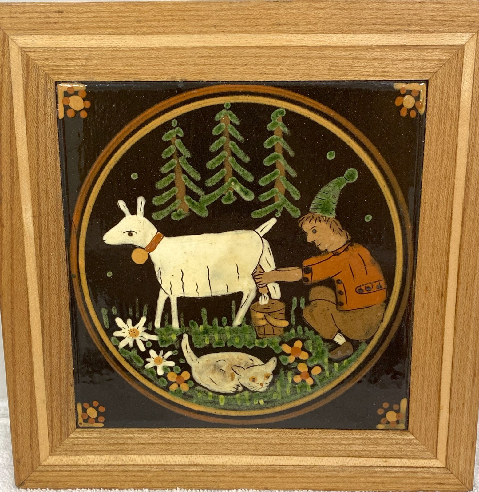 Vintage Swiss Folk Art Pottery Farmer Milking Goat Cat Flowers Tile Framed