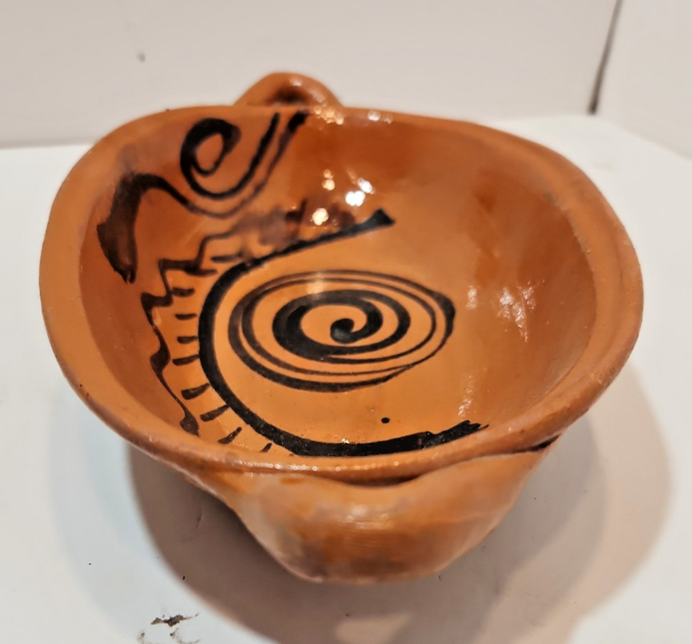 Vintage Mexican Mid Century Terracotta Pottery Bowl w/ Handles Southwestern