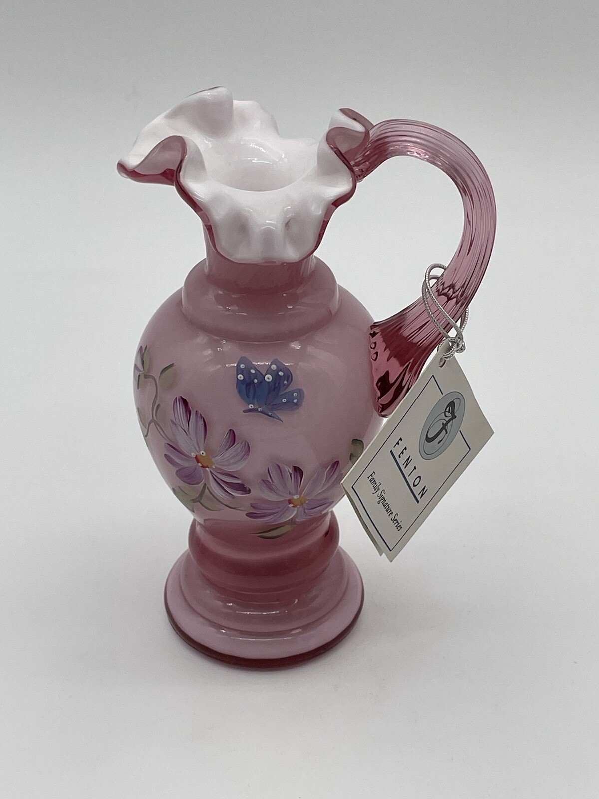 Vintage 1996 Lynn Fenton Art Glass Asters on Dusty Rose Overlay Pitcher #2071