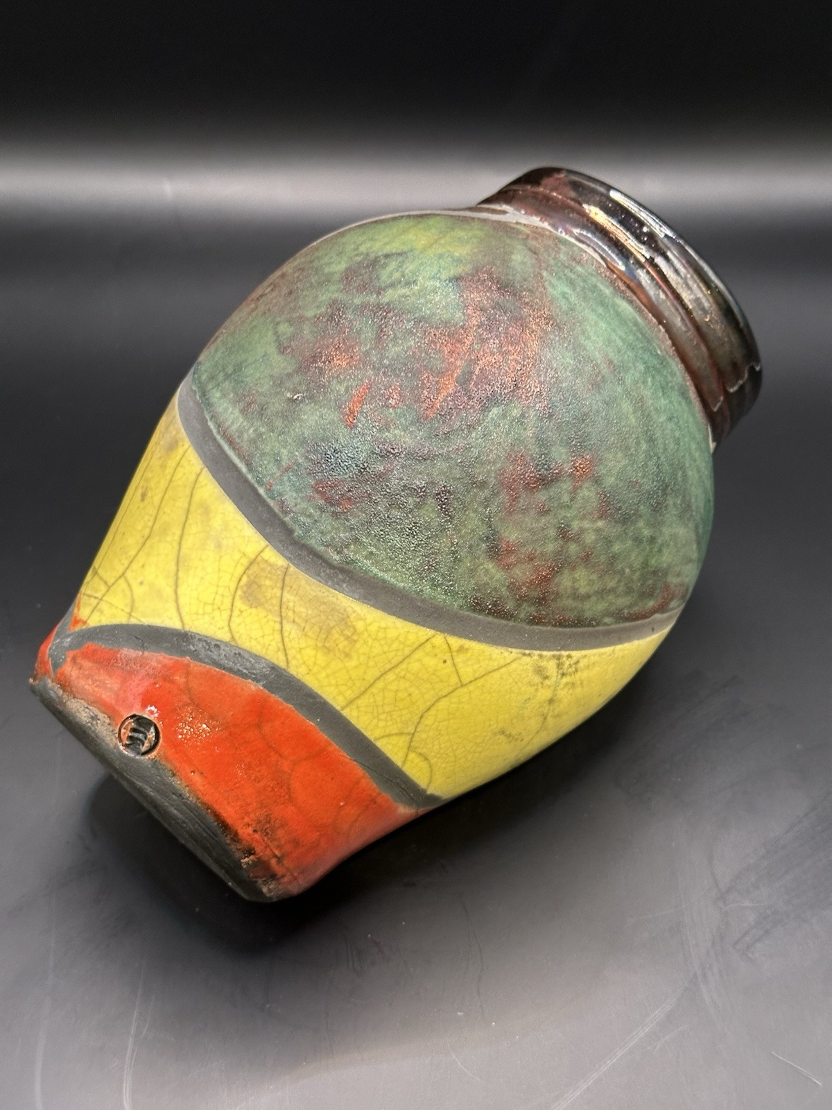 VTG RARE Signed Stamped MJA Stunning Raku Pottery Vase Vibrant Colors Excellent