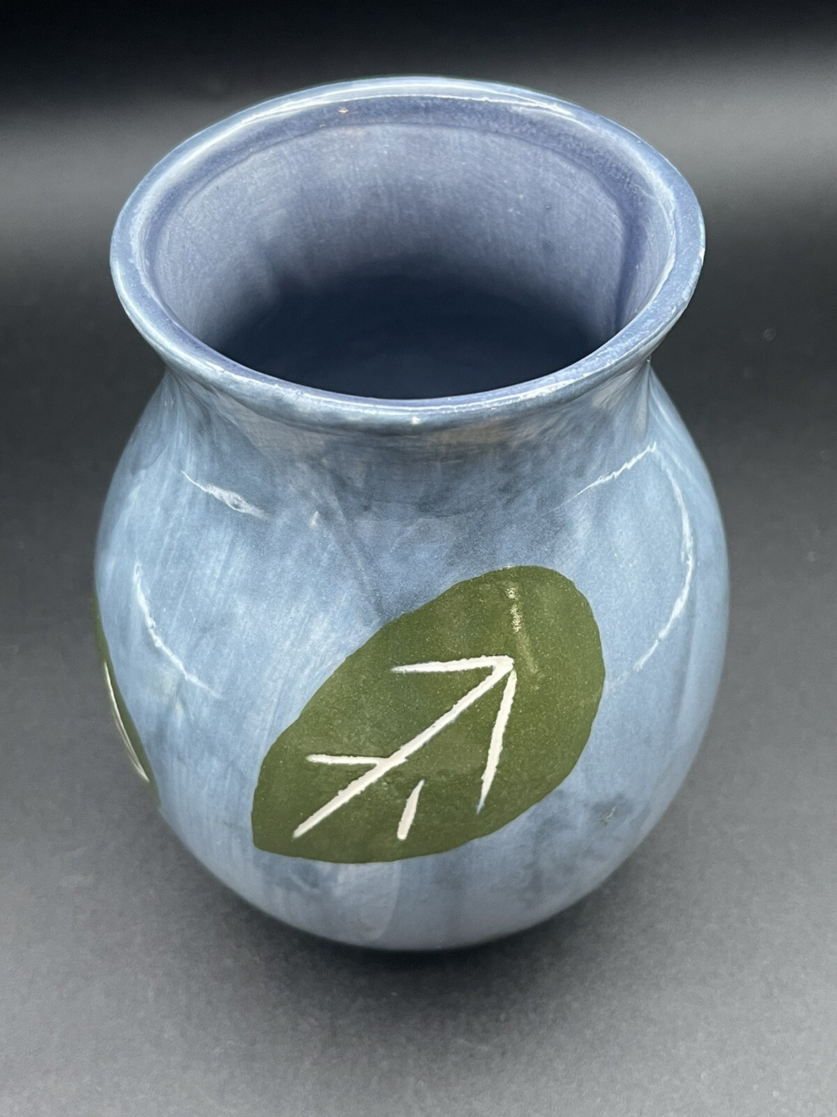 Barbara Eigen Pottery Vase Blue Green Leaves 5.25″x3″ Signed USA