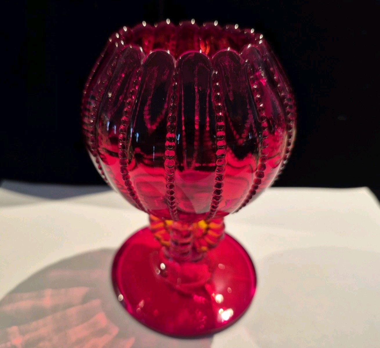 Vintage Wright Glass Ivy Bowl Pedestal Vase Ruby Red Beaded Ribs Panels Glow