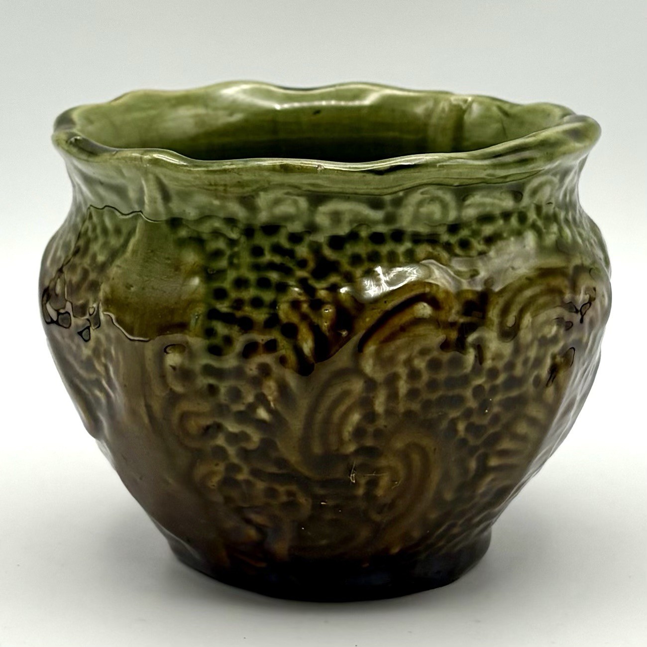 Antique Green Brown Glazed Majolica Jardiniere Planter Ceramic 3.75” X 4.25”