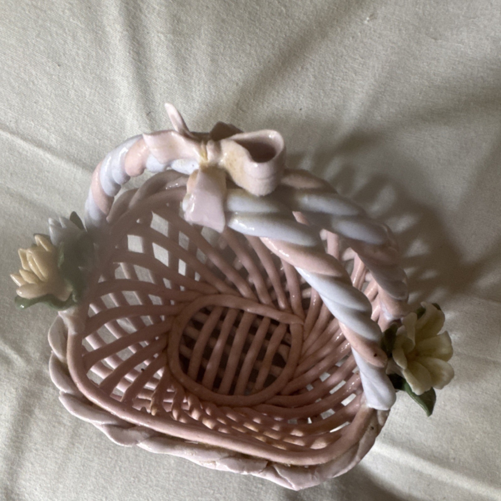 Pink Ceramic Floral Decorative Basket Hand Painted Oval with Handle