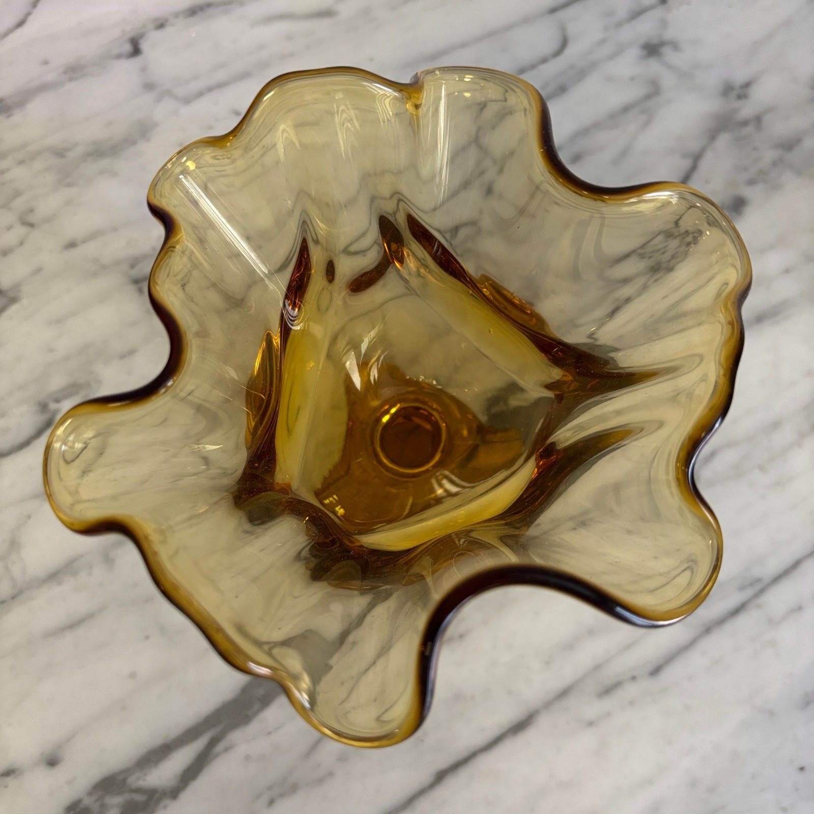 Viking Amber Glass Handkerchief Dish Vase 8″ Six Petal Pedestal MCM