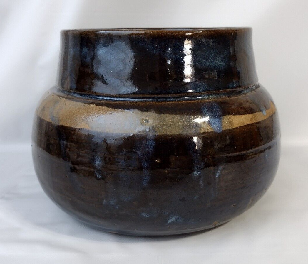 VTG Art Pottery Browns & Blue Drip Glaze Planter Pot Vase Signed Rathbone ’85