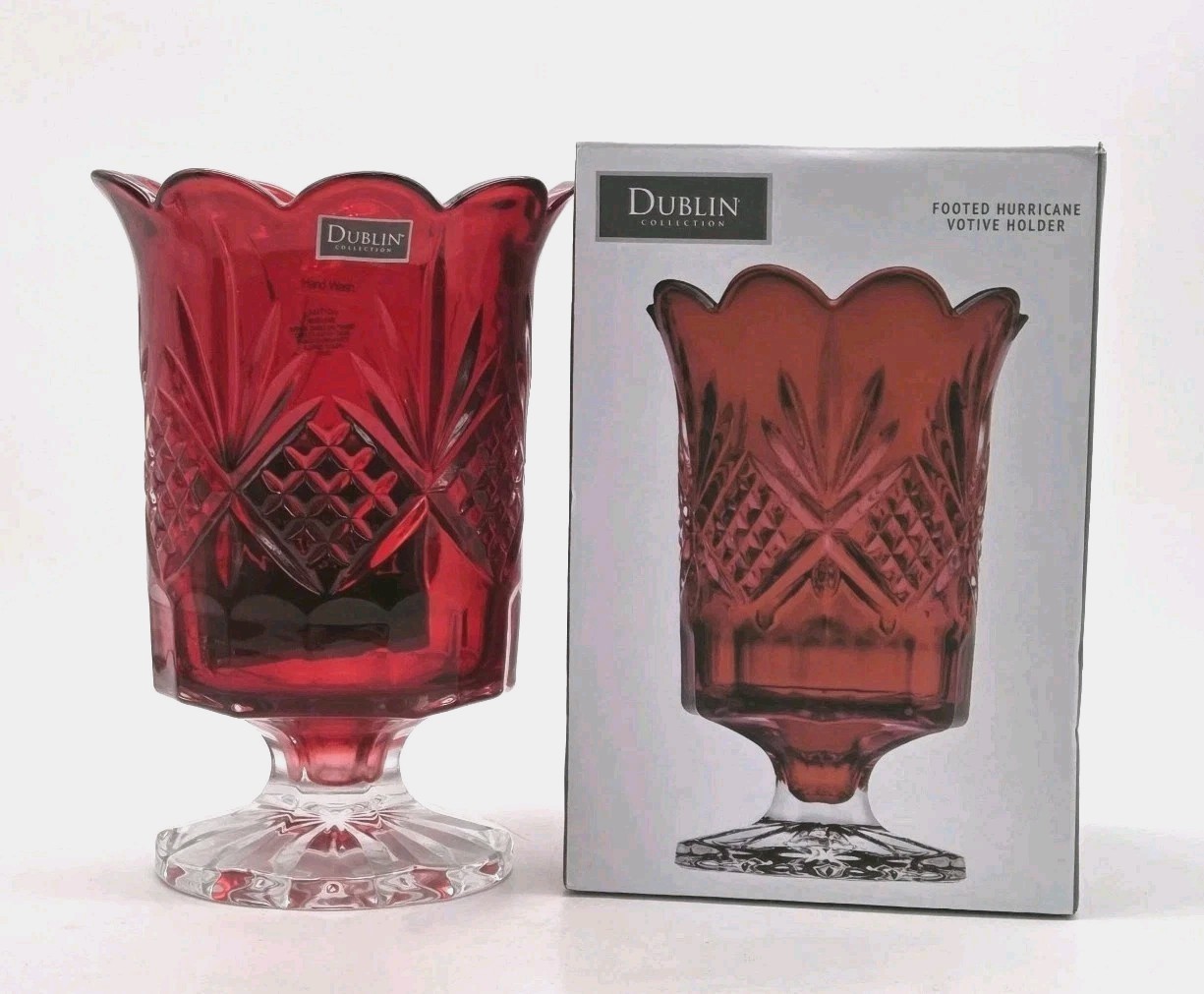 Shannon by Godinger Dublin Red Crystal Footed Hurricane Votive Candle Holder