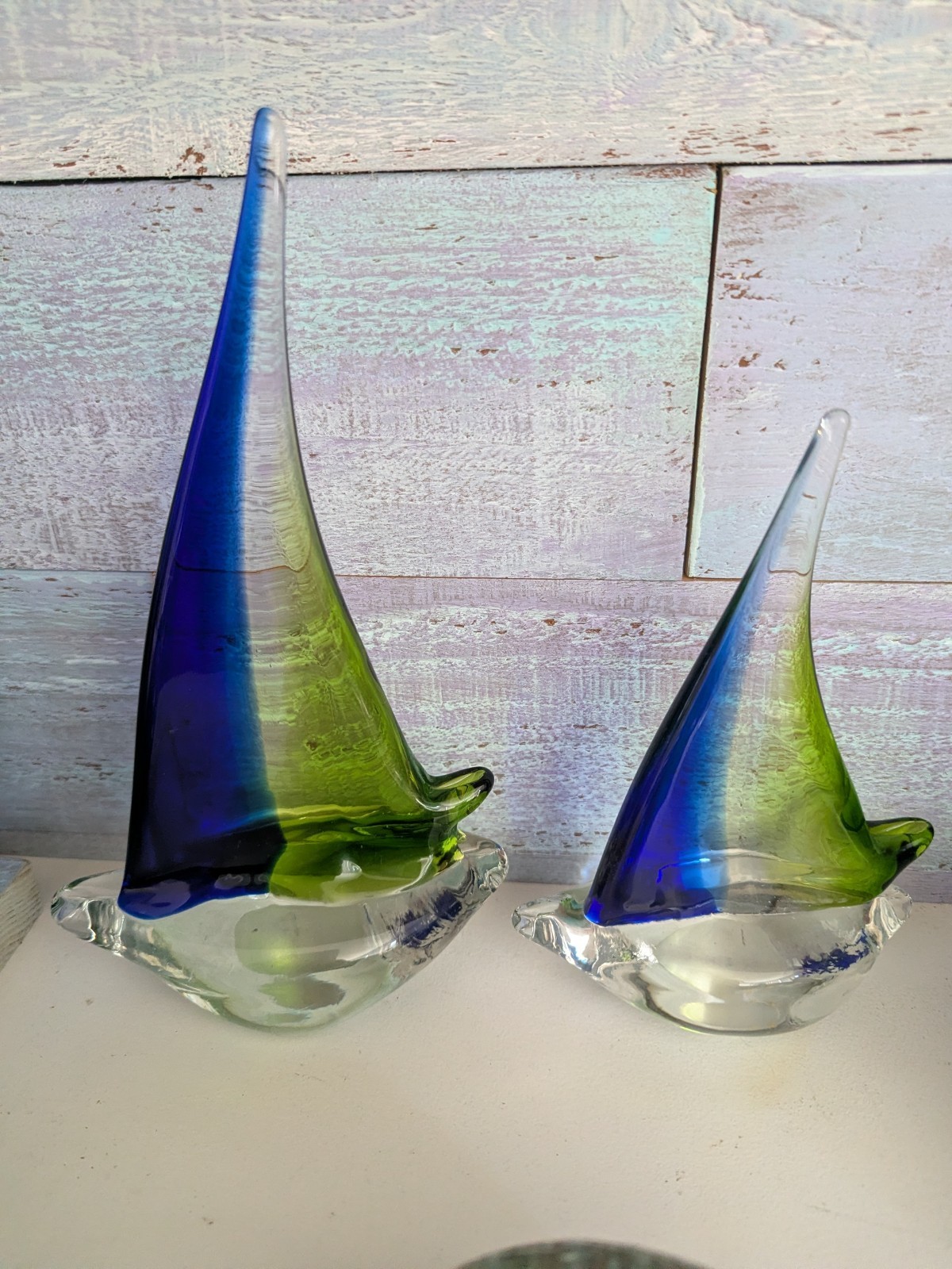 Vintage Murano Style Glassware Glass Sailboat Sculpture Blue Green Boats 6″& 8”