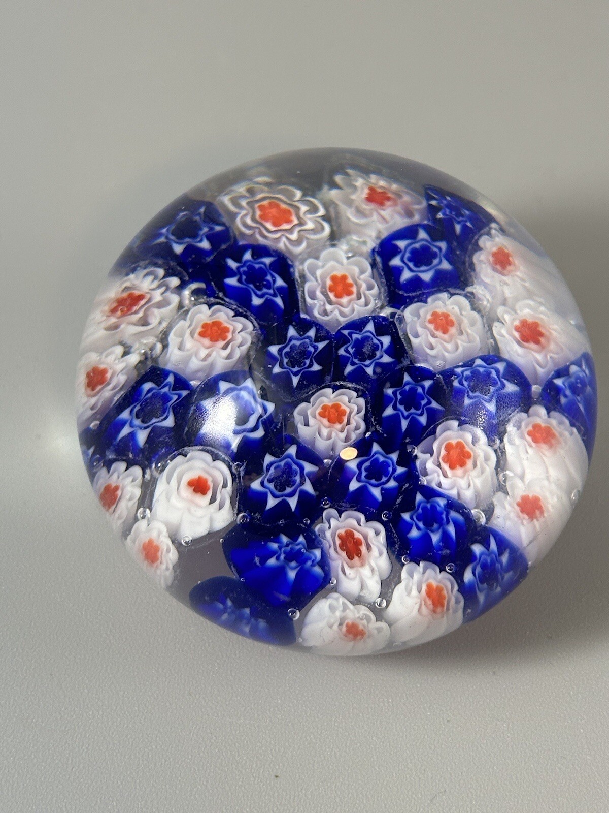 Millefiori Floral Flower Blue Red Art Glass Heavy Paperweight Murano Style H