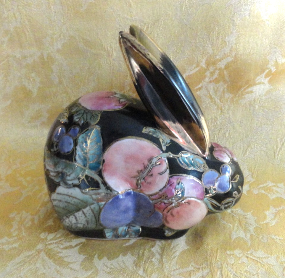 (2) Andrea by Sadek Porcelain Bunny Rabbits Hand Painted Fruit Design Gold Gilt