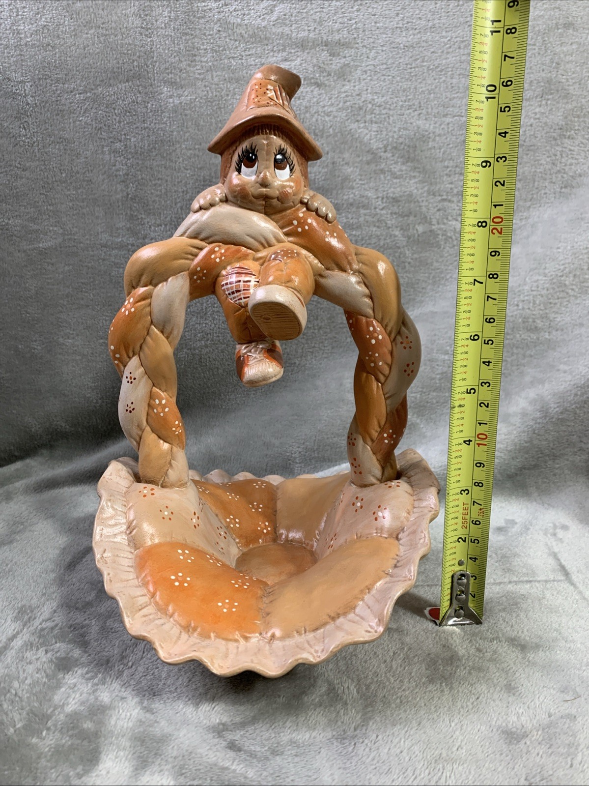 VTG Ceramic Scarecrow Patchwork Basket 1985 Brown Fall Harvest Cottagecore Decor