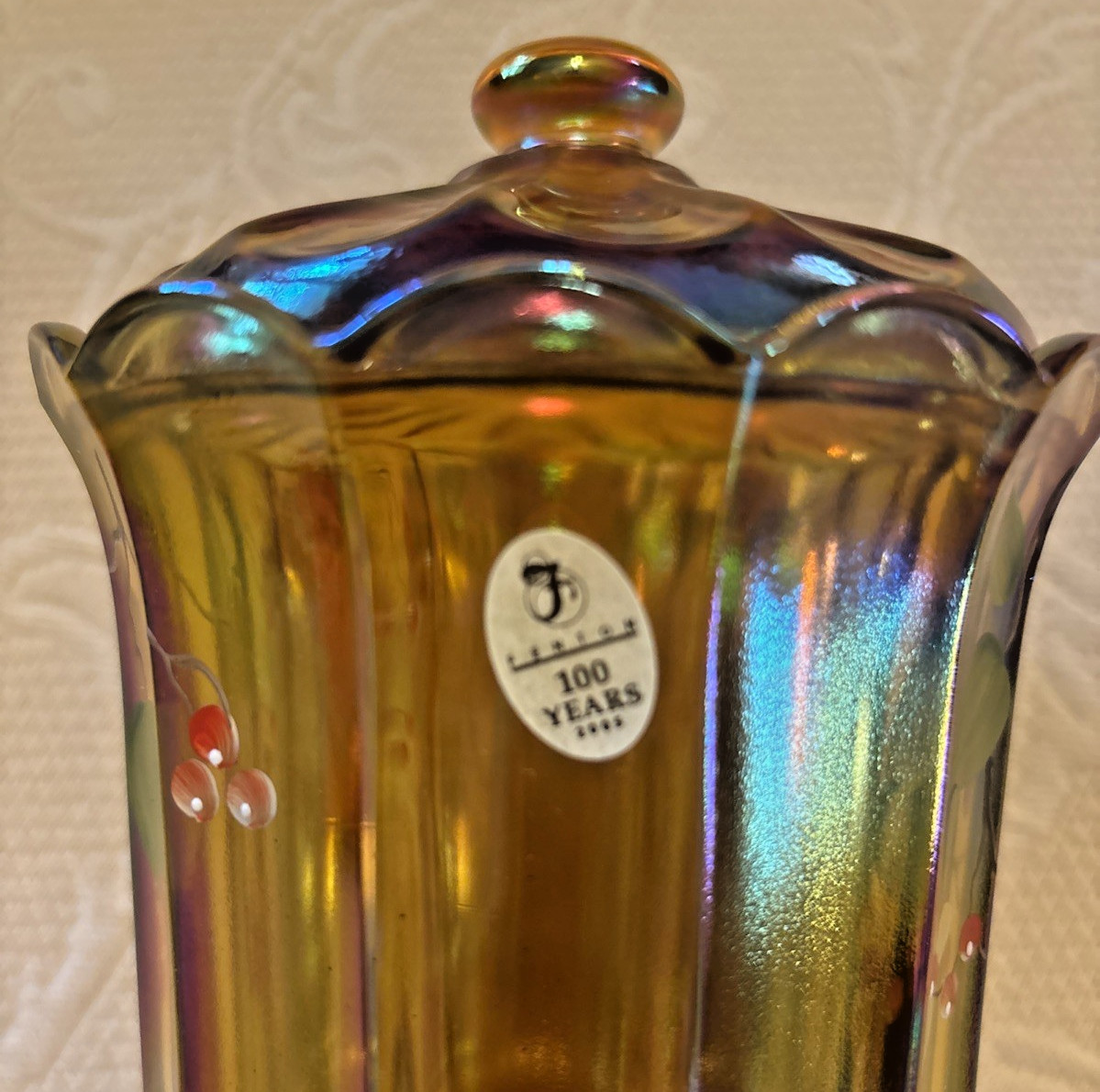 Fenton Art Glass Candy Box Berries on Autumn Gold 100 Years Handpainted Signed