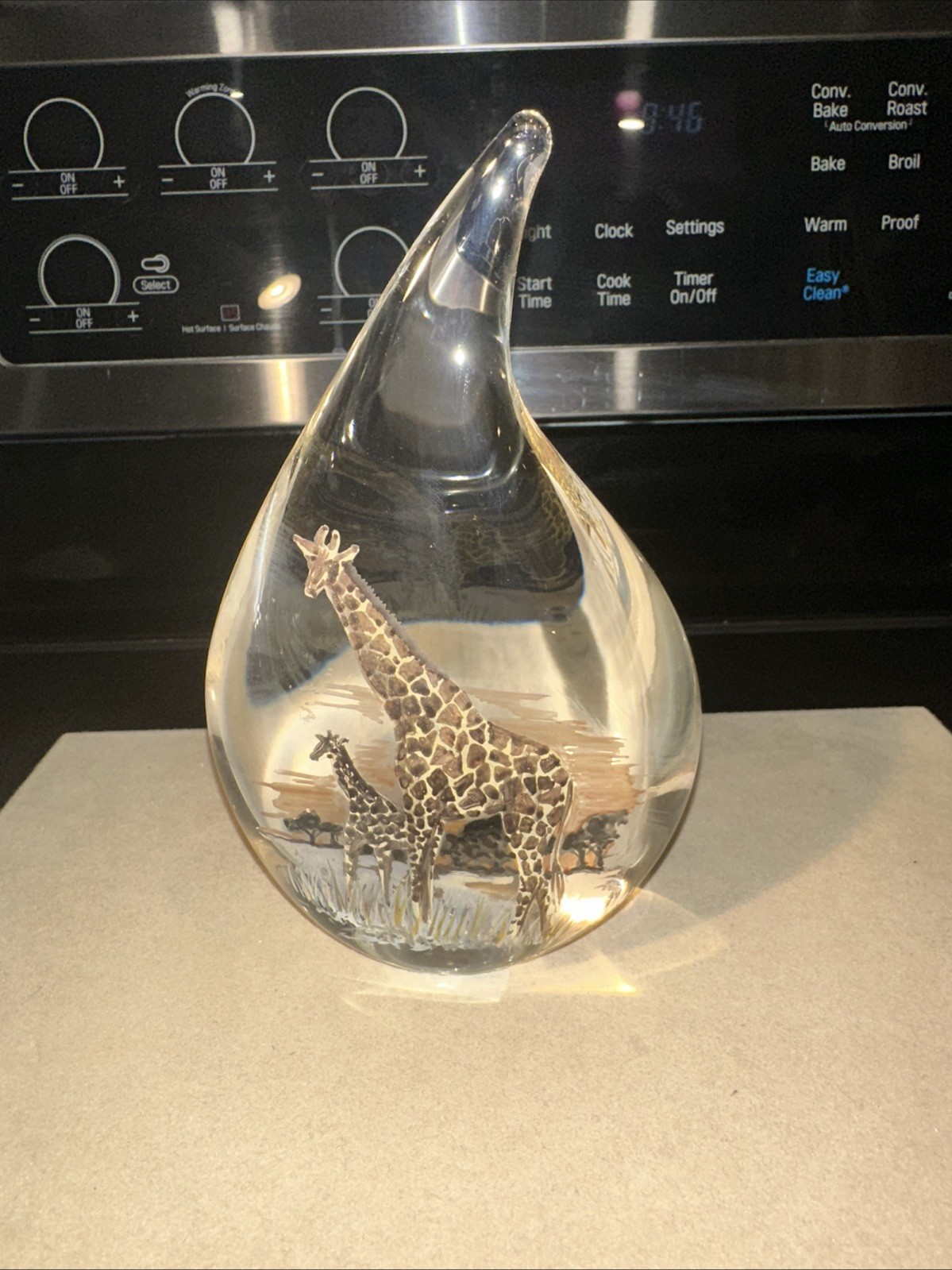 Artist Signed & Hand Painted Glass Sculpture Paperweight With Two Giraffes