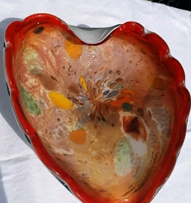 Mid Century Art Glass Fratelli Toso Heart Shaped Dish Orange Flame