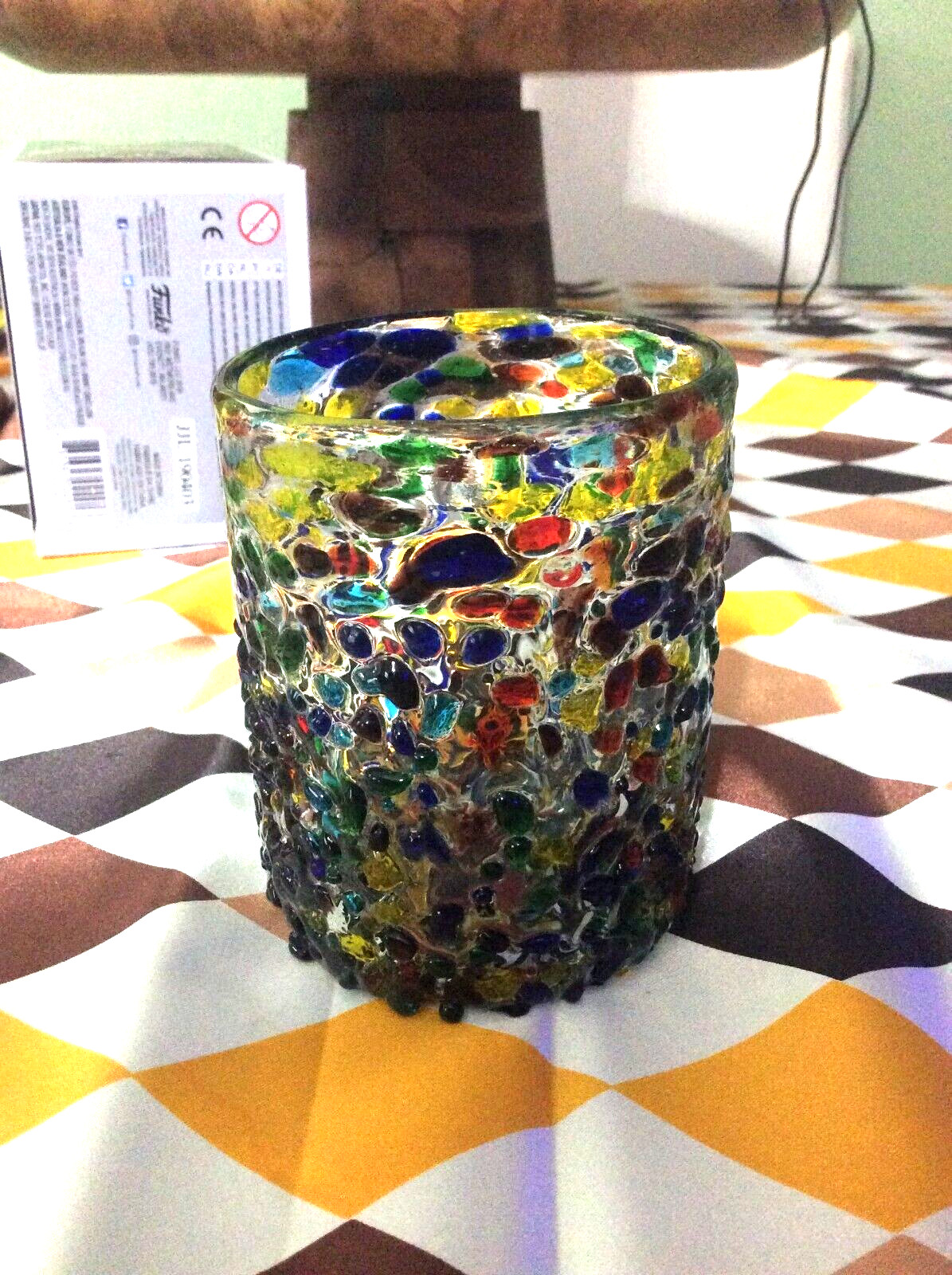 BUBBLE VASE ART GLASS TEXTURED 4″ TALL MULTI COLOR HOBNAIL RAINBOW CONFETTI