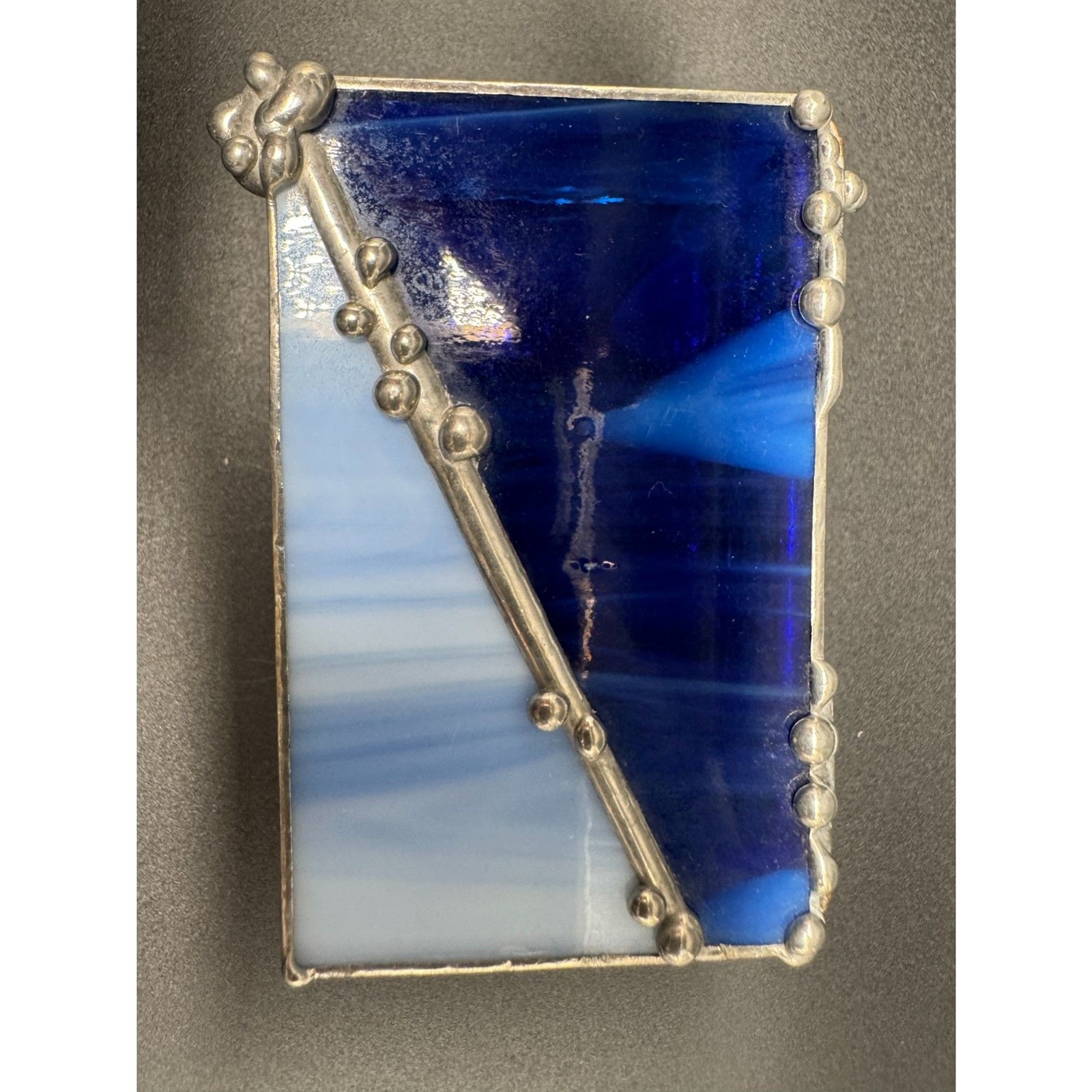 Art Glass Leaded Hinged Box Cobalt and Light Blues. 3″x 2″