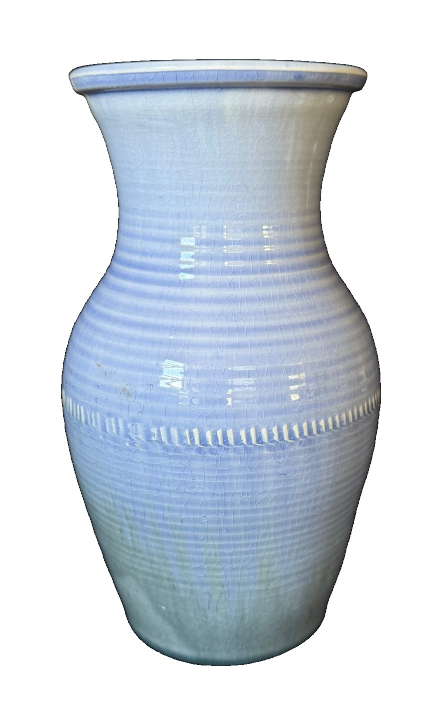 MOORCROFT NATURAL LUSTRE LIGHT BLUE RIBBED VASE ART POTTERY 10.5 In c1930 As Is