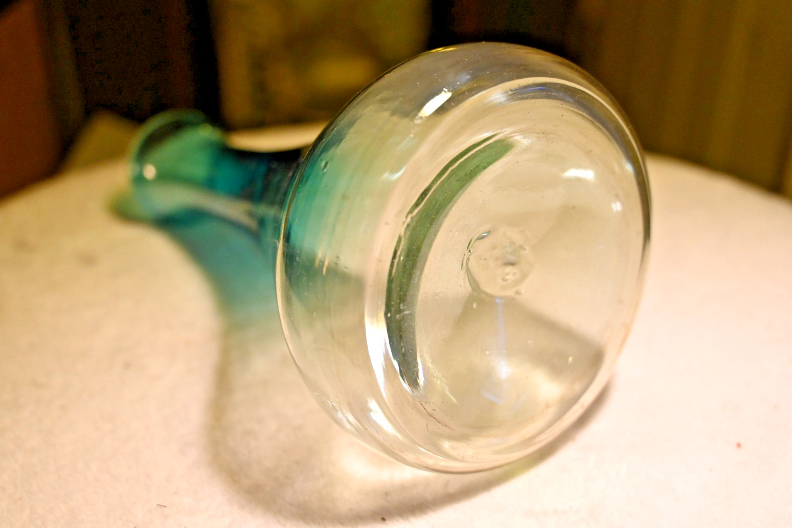 Hand Blown Art Glass Vase Aqua Blue Clear Ombre Bubble Pontil Mid Century Style