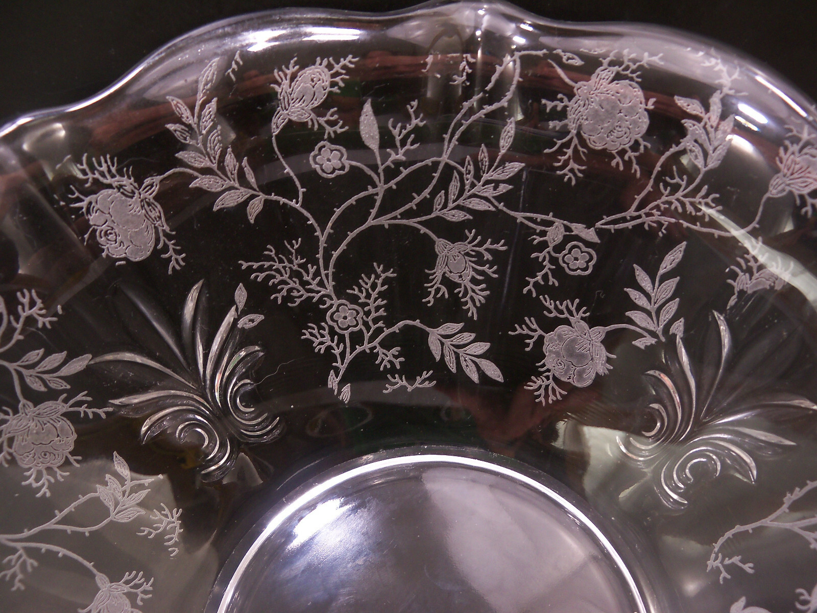 Fostoria Baroque Etched Rose Handled Crystal Glass Bowl