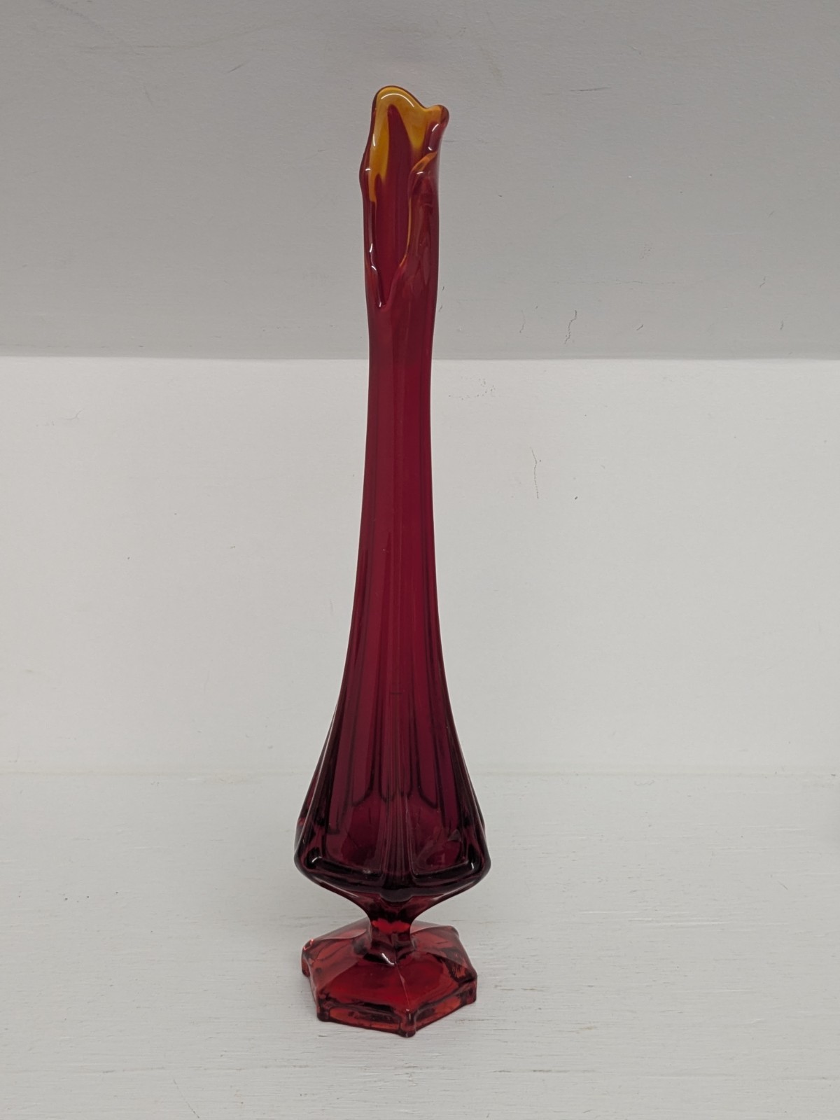 Vintage Viking Glass Epic Column Ribbed Pedestal Swung Vase Ruby 13.25″ Glows