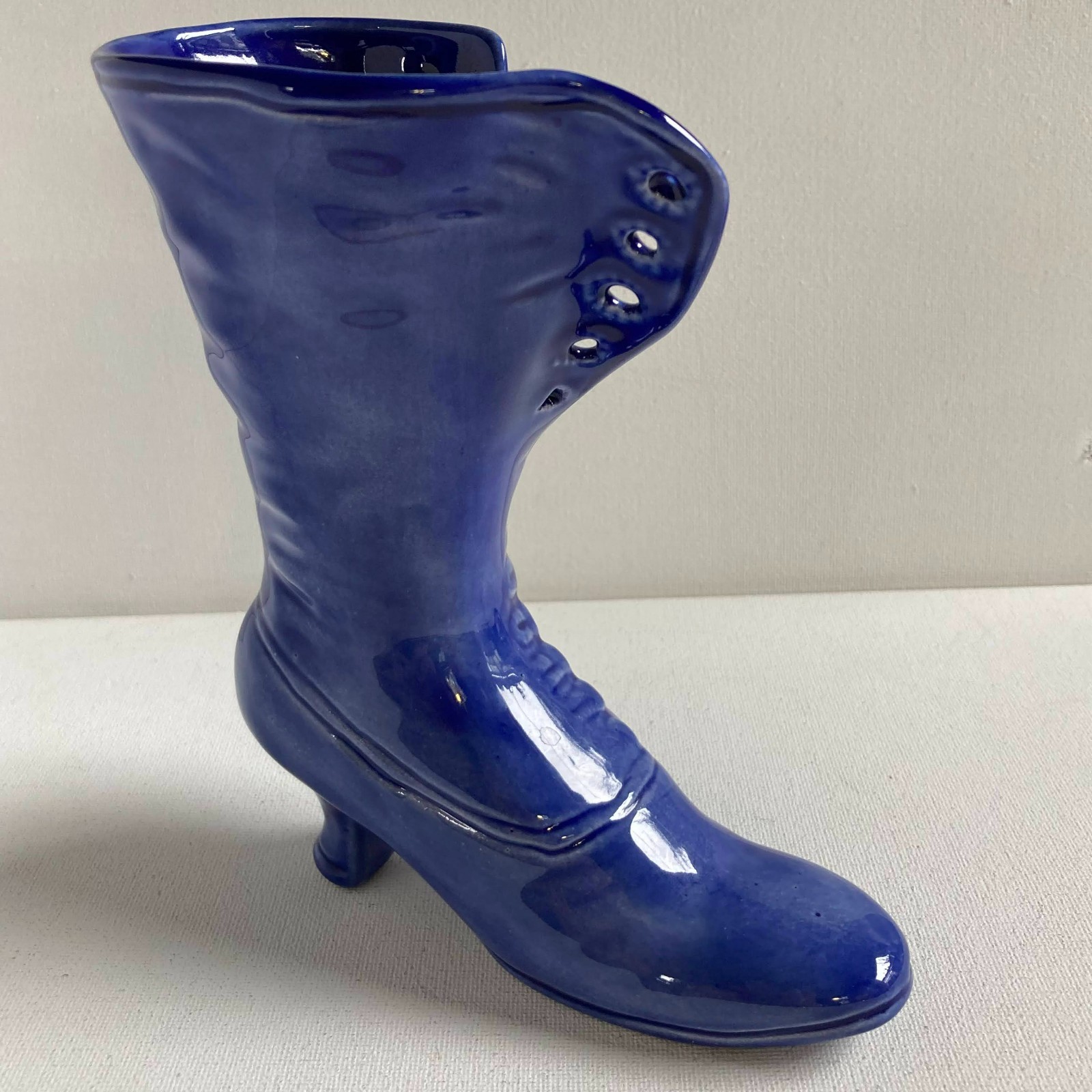 Pottery Vase in the shape of a button up Victorian shoe Blue signed 6.5″