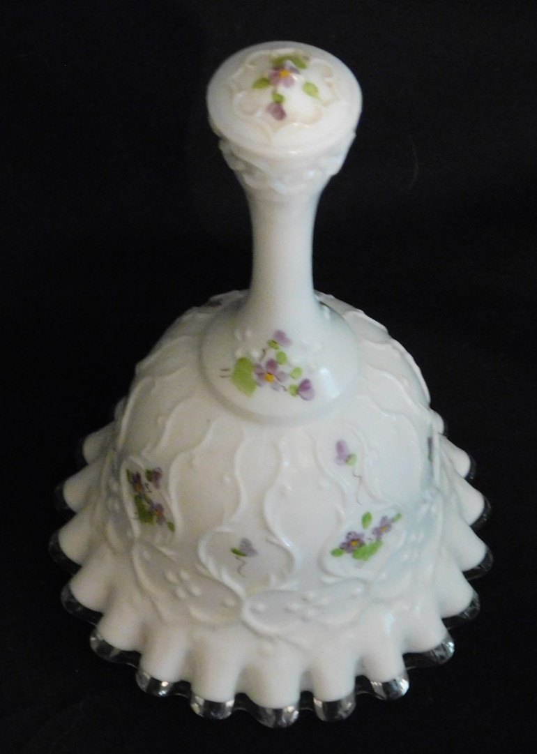 Fenton VIOLETS IN THE SNOW Silver Crest Spanish Lace BELL signed by B. Thorton