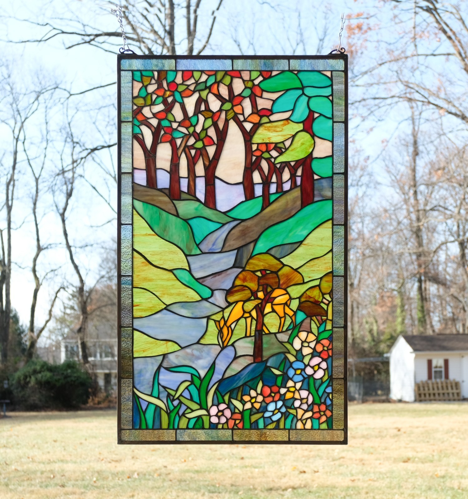 20″ x 33.75″ Tiffany Style stained glass window panel Deer Drinking Water HF446