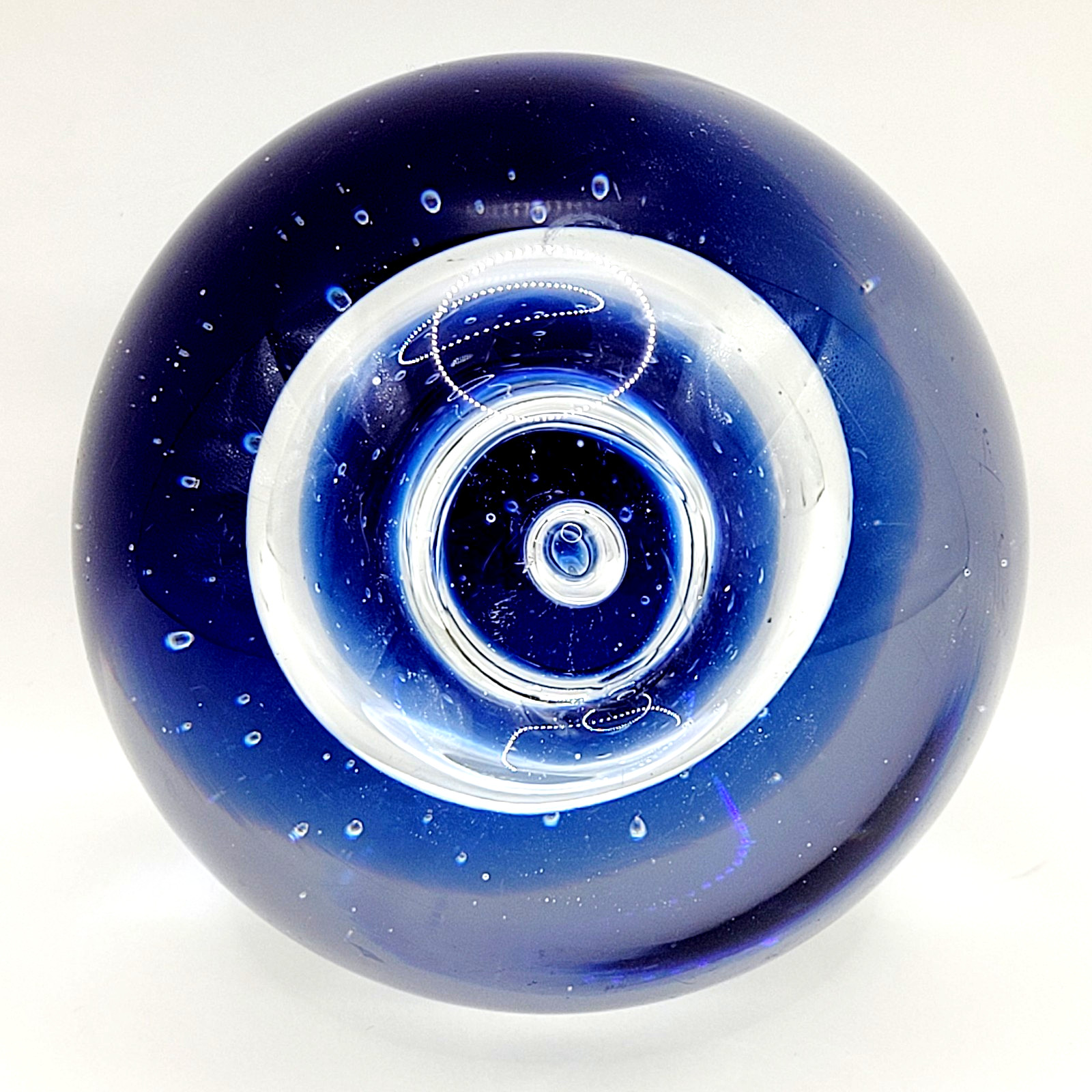 Blown Art Glass Paperweight Cobalt Blue w Clear Donut Hole Controlled Bubbles
