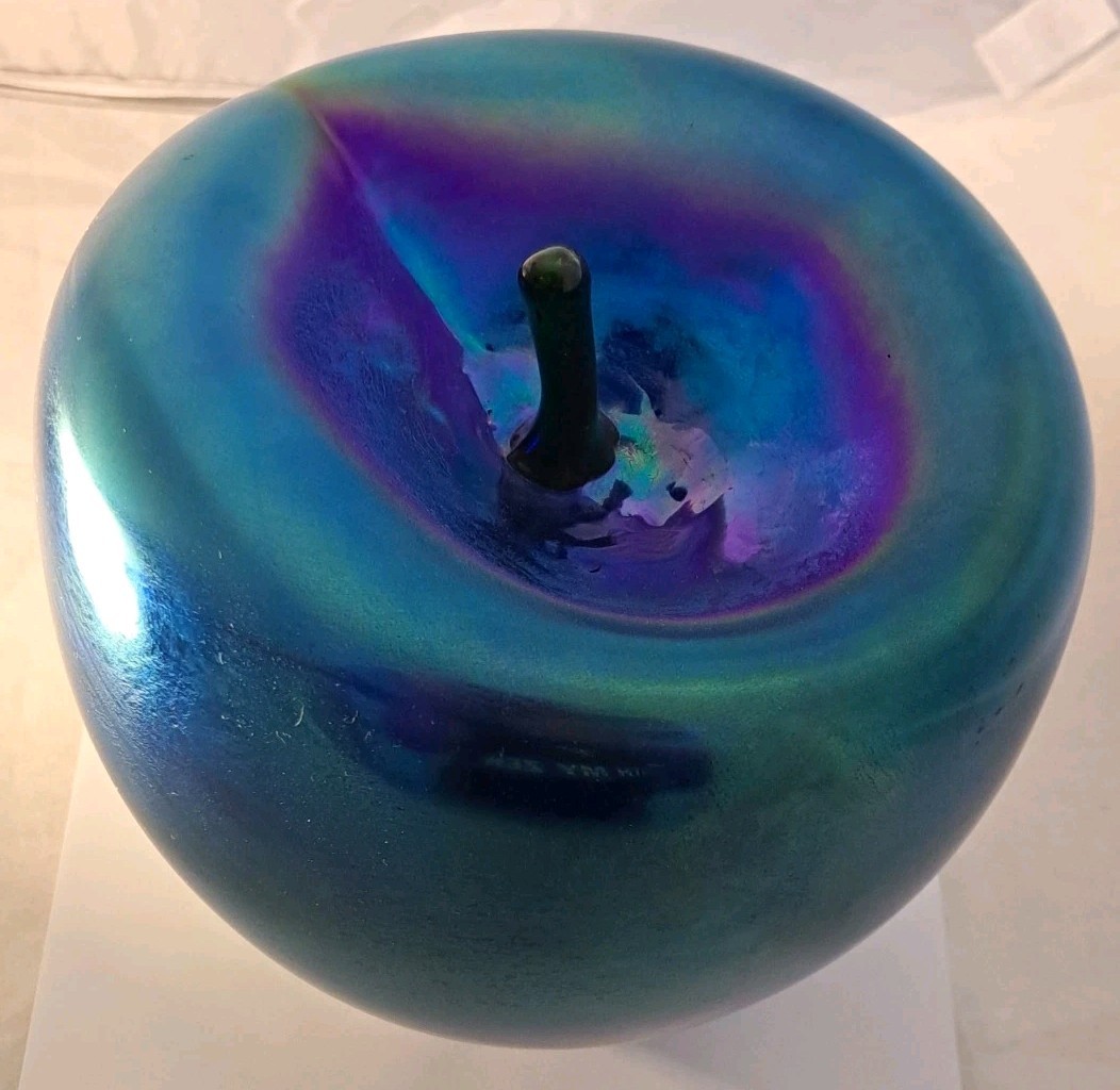 Large Orient & Flume Blue Aurene ART GLASS Paperweight Iridescent 8″ Sculpture