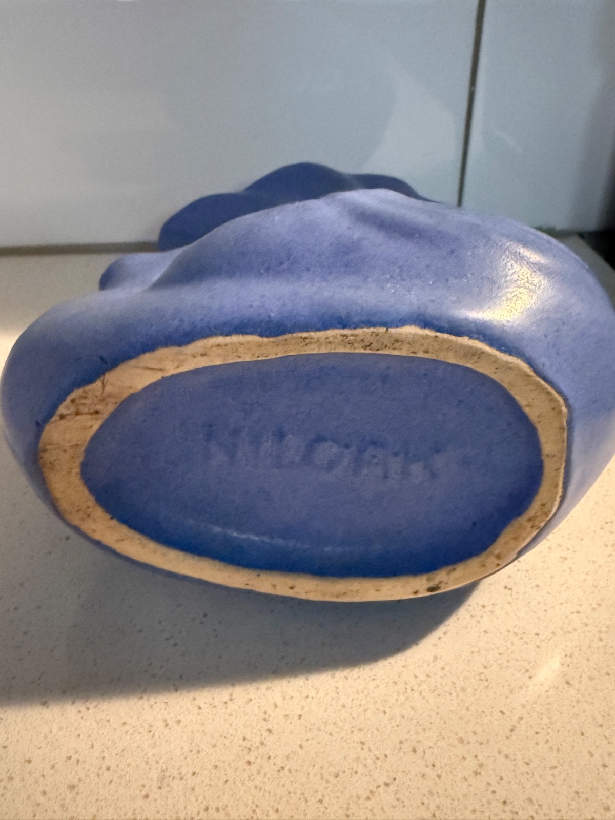 Vintage Niloak Pottery Swan Vase Planter Art Deco Periwinkle Blue Signed 7”