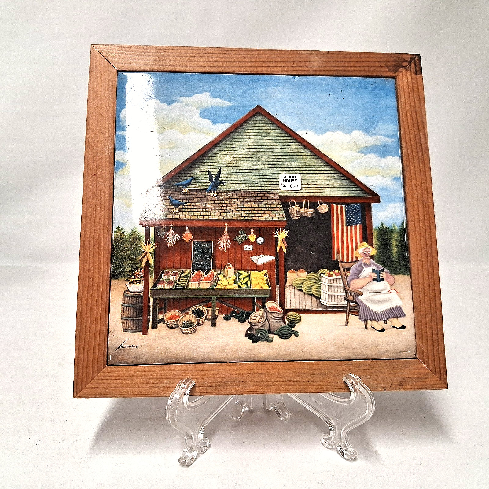 Lowell Herrero Framed Ceramic Tile Country Market Scene Americana Wall Art