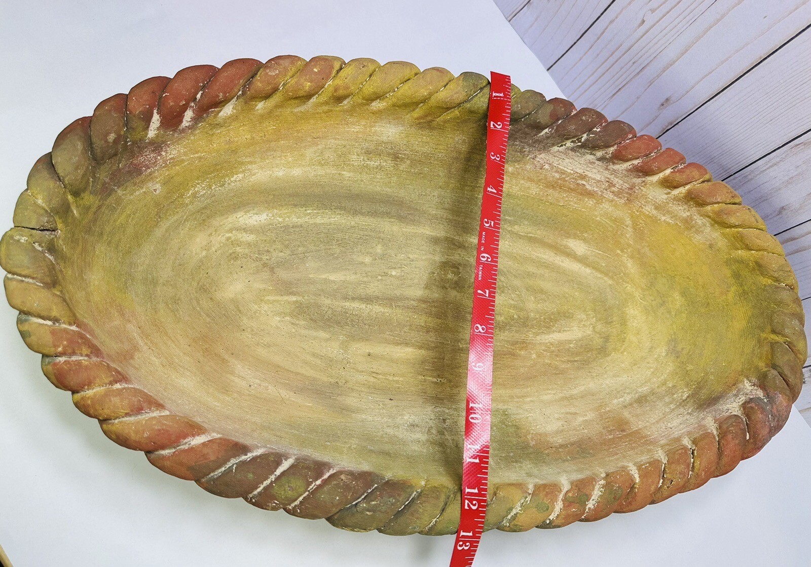 Large Heavy Oval Decorative Terracotta Braided Mixed Fruit Bowl Mexican Folk Art