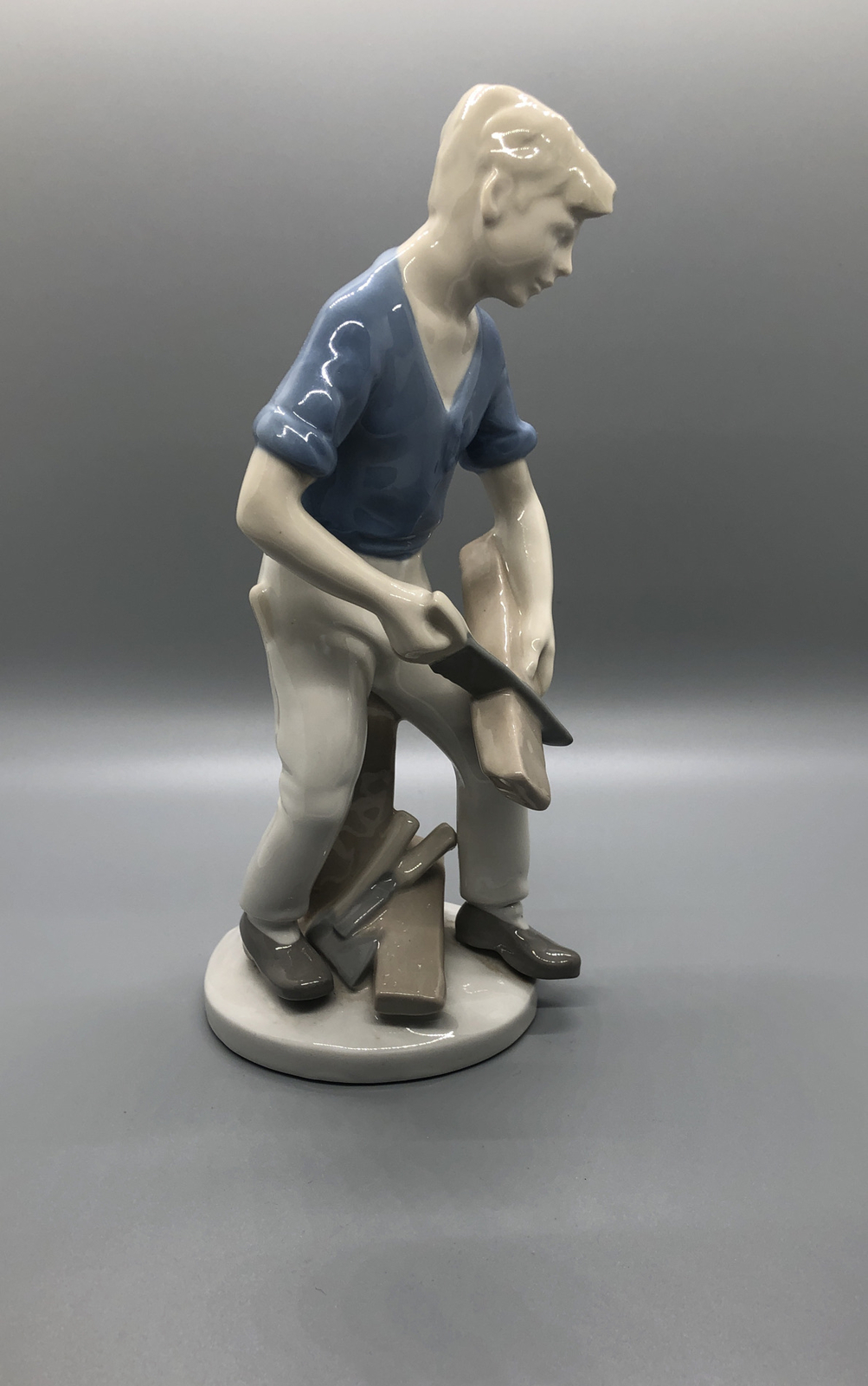GDR Porcelain German Democratic Republic Boy Cutting Wood Figurine Vintage