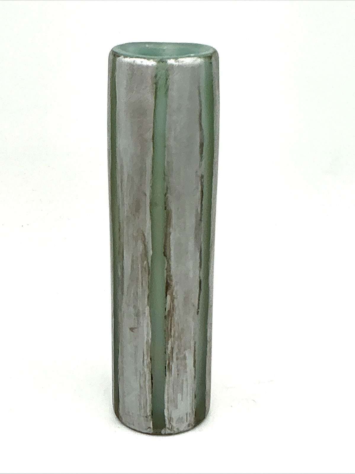 Illegibly Signed Art Glass Vase Chunky Green Glass W/ Silver Leaf 9 1/4″