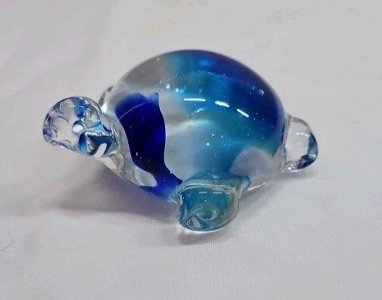 Vintage Art Glass Blue Hand Blown Sea Turtle Paper Weight Figurine