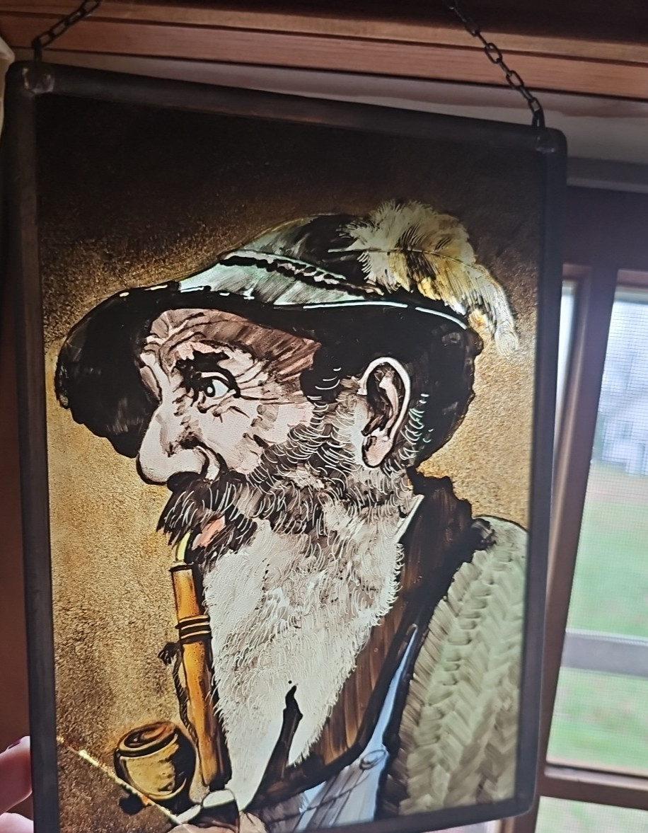 Vintage Painted Glass Picture Suncatcher w/Chain Bavarian Man Smoking Pipe