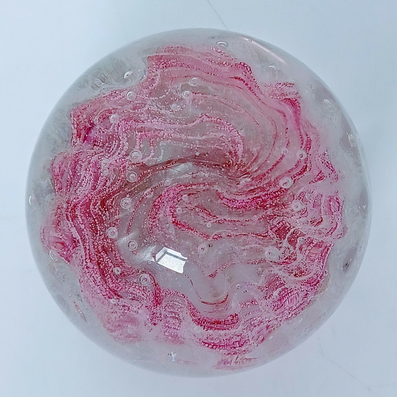 Crystal Art Glass Controlled Bubbles Pink Swirl 3” Paper Weight Handmade. PO