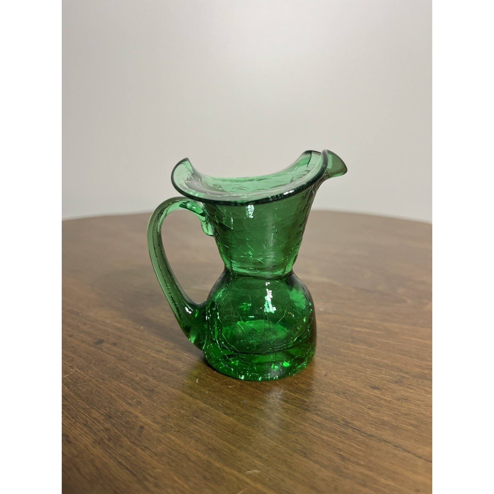 Vintage Lime Green Crackle Glass Pitcher Vase 3.5 Ruffle Spout & Handle MCM